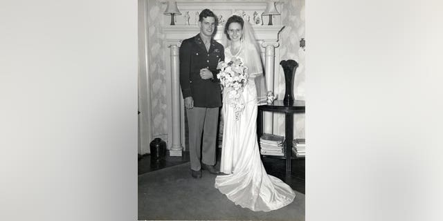 The bride and groom, Oct. 27, 1945. Charles carried his parachute across Yugoslavia so Mary Alice could use it as material for her wedding dress.