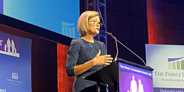 Republican Gov. Kim Reynolds of Iowa speaks at the Family Leader's annual leadership conference in Des Moines, Iowa on July 16, 2021.
