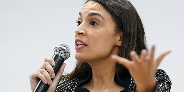 FILE: Alexandria Ocasio-Cortez, U.S. Representative for New York's 14th congressional district, speaks during an event at the US Climate Action Centre during COP26 on November 09, 2021 in Glasgow. (Photo by Ian Forsyth/Getty Images)