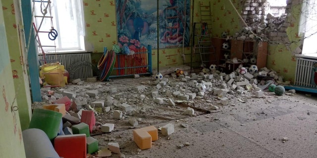 An interior view shows a kindergarten, which according to Ukraine's military officials was damaged by shelling, in Stanytsia Luhanska in the Luhansk region, Ukraine, in this handout picture released on Feb. 17, 2022. 