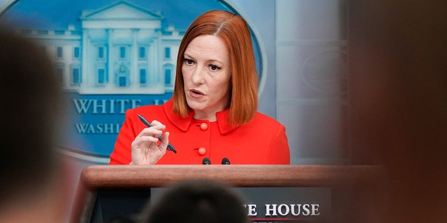 White House Press Secretary Jen Psaki holds the daily press briefing at the White House in Washington. Psaki is leaving the White House along with several other aides ahead of the midterm elections. 