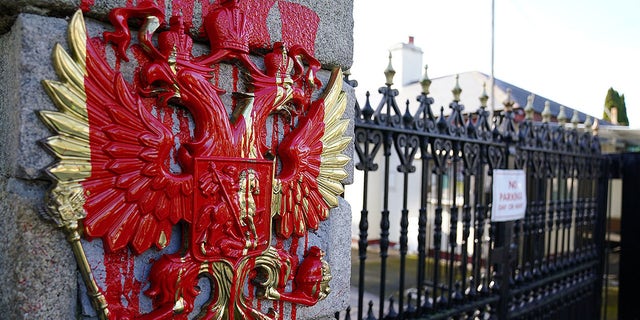 A view of the Embassy of Russia in Dublin where red paint was poured on the coat of arms of the Russian Federation following the Russian invasion of Ukraine on Thursday, February 24, 2022.