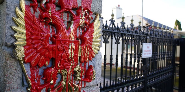 A view of the Embassy of Russia in Dublin where red paint was poured on the coat of arms of the Russian Federation following the Russian invasion of Ukraine on Thursday, February 24, 2022.