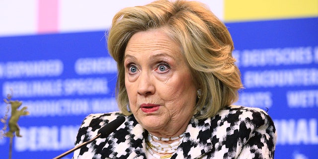 Former Secretary of State Hillary Clinton speaks during a press conference in Berlin, Germany, on Feb. 25, 2020.  