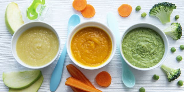 Baby food, assortment of fruit and vegetable puree, flat lay, top view