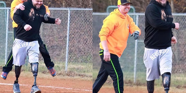 Chad Carswell (in the dark sweatshirt) works out at the track with a good buddy in these photos. He told Fox News Digital, "I am not anti-vaccine. I'm all about individual choice." He said he's trying to do what he believes is right for him and his particular situation.
