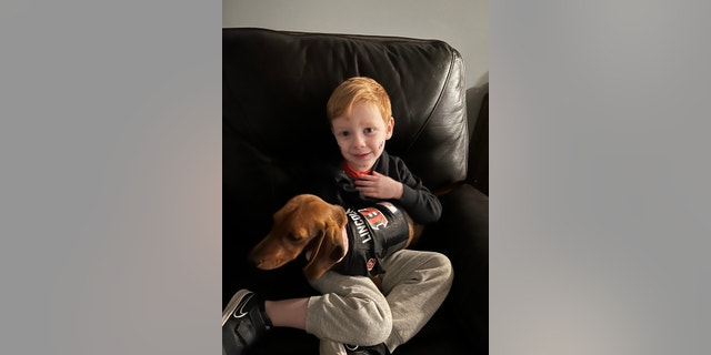 Little Emmett, 4-year-old son of bride-to-be Rachel Hyden, along with dog Lincoln. Everyone in the family is clearly pro-Bengals.