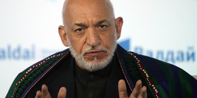 Former President of Afghanistan Hamid Karzai speaks at a meeting with members of the Valdai Discussion Club on October 19, 2017 in Sochi, Russia.  (Photo by Michael Svetlov / Getty Images)