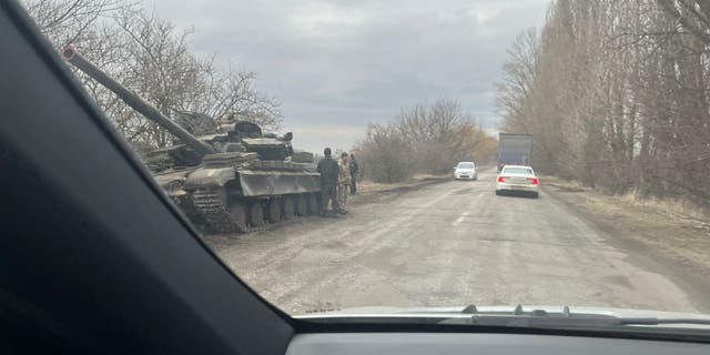 A tank spotted on the side of a road in the Kyiv area.