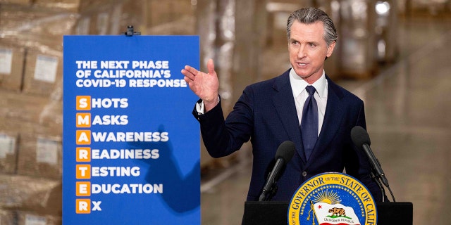 Gov. Gavin Newsom announces the next phase of Californias COVID-19 response called SMARTER, during a press conference at the UPS Healthcare warehouse in Fontana on Thursday, Feb. 17, 2022.  (Photo by Watchara Phomicinda/MediaNews Group/The Press-Enterprise via Getty Images)