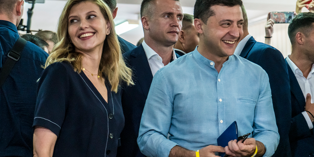 Volodymyr Zelenskyy and his wife, Olena Zelenska, at Kyiv Olympic Stadium on April 19, 2019 