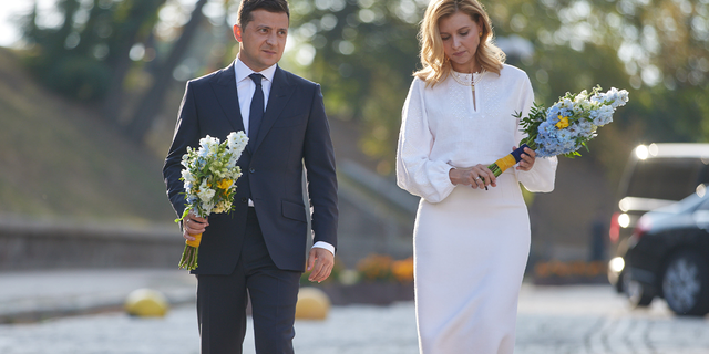 Ukrainian President Volodymyr Zelenskyy and wife Olena Zelenska commemorate the 29th Independence Day celebrations in Kyiv, Ukraine, on Aug. 24, 2020.