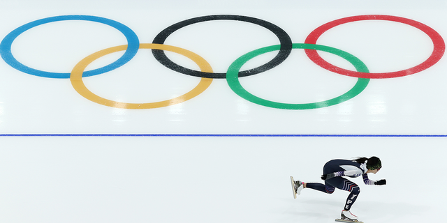 Yu-Ting Huang of Team Chinese Taipei skates during a speed skating practice session ahead of the Beijing 2022 Winter Olympic Games at National Speed Skating Oval on January 31, 2022 in Beijing, China.