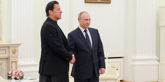 Russian President Vladimir Putin meets with Pakistan's Prime Minister Imran Khan at the Kremlin in Moscow on February 24, 2022.