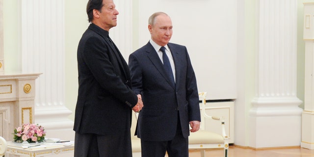 Russian President Vladimir Putin meets with Pakistani Prime Minister Imran Khan at the Moscow Kremlin on February 24, 2022.