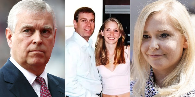 Left photo: Prince Andrew, Duke of York looks on during day one of the 16th IAAF World Athletics Championships London 2017 at The London Stadium on Aug. 4, 2017 in London. Center photo: Photo from 2001 that was included in court files shows Prince Andrew with his arm around the waist of 17-year-old Virginia Giuffre, who says Jeffrey Epstein paid her to have sex with the prince. Andrew has denied the charges. In the background is Epstein's girlfriend Ghislaine Maxwell. Right photo: One of Jeffrey Epstein's alleged victims, Virginia Roberts Giuffre, right, speaks at a news conference following a hearing where Epstein&amp;apos;s alleged victims made statements in Manhattan Federal Court on Aug. 27, 2019, in New York. 