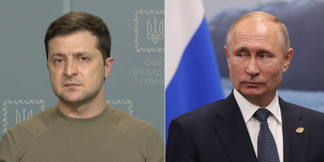 Ukrainian President Volodymyr Zelenskyy, left, and Russian President Vladimir Putin