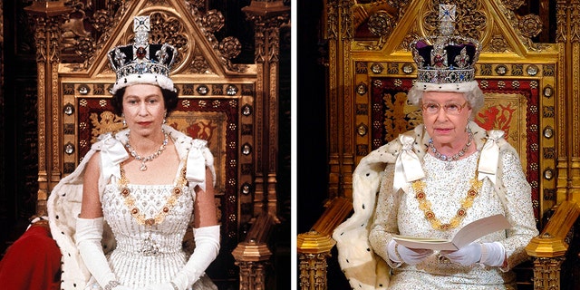 This photo combo shows Britain's Queen Elizabeth II during the State Opening of Parliament, London,  in April, 1966 on the left and Nov. 15, 2006, on the right.