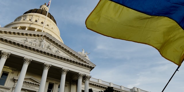 Hundreds gathered to support the Ukrainian-American community and Ukrainian residents Feb 24, 2022, in Sacramento, California.