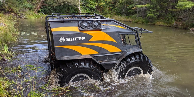 The Sherp is amphibious and can travel at speeds up to 6 mph on water.