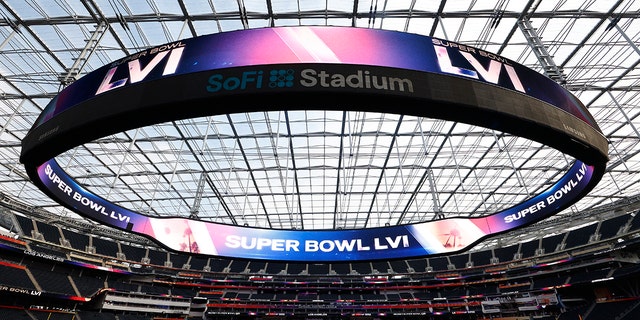 A view of SoFi Stadium as workers prepare for Super Bowl LVI on February 01, 2022 in Inglewood, California. (Photo by Ronald Martinez/Getty Images)