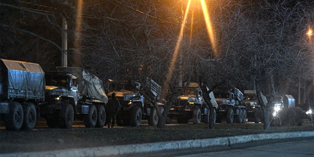 Russian military tanks and armored vehicles advance in Donetsk, Ukraine on February 24, 2022.