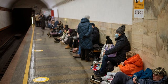 People using the subway as a bomb shelter in Kyiv, Ukraine, Thursday, Feb. 24, 2022.