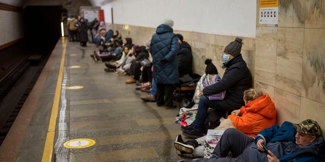 People using the subway as a bomb shelter in Kyiv, Ukraine, Thursday, Feb. 24, 2022.