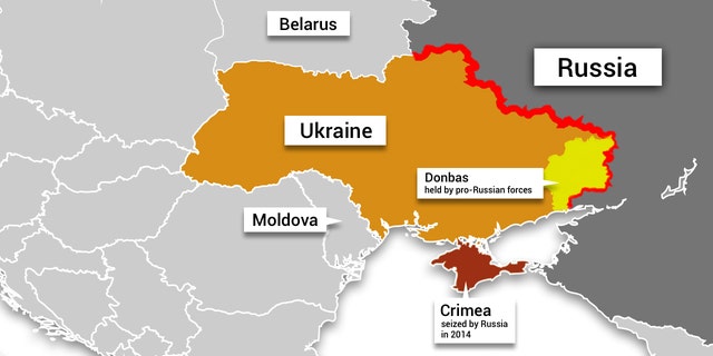 Map depicting Ukraine, Russia, Crimea, Donbass region controlled by pro-Russian forces and neighboring countries.
