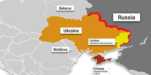 Map depicting Ukraine, Russia, Crimea, the Donbas region held by pro-Russian forces, and nearby countries. Ian Jopson, Fox Digital