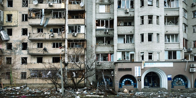 A Kyiv, Ukraine, apartment building is seen heavily damaged during ongoing military operations, Feb. 25, 2022.