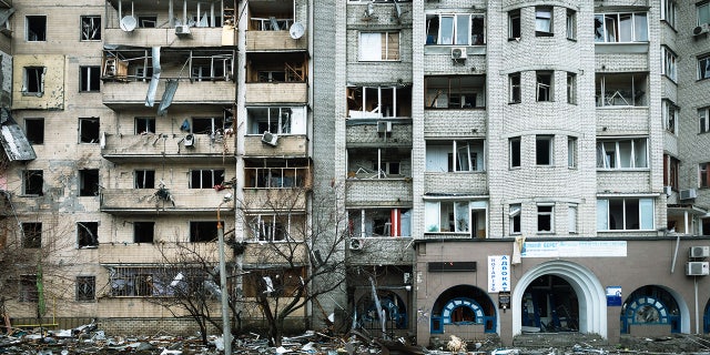 An apartment building in Kyiv, Ukraine, was badly damaged during the ongoing hostilities on February 25, 2022.