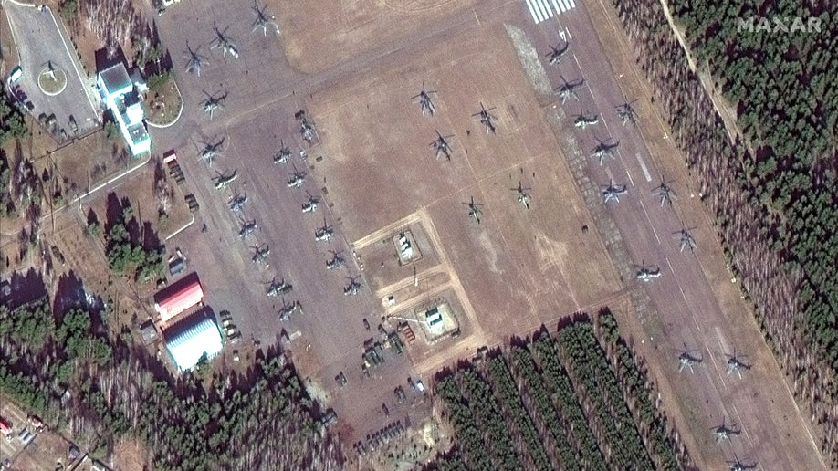 A satellite image shows a closer view of ground attack helicopters, at Vd Bokov airfield