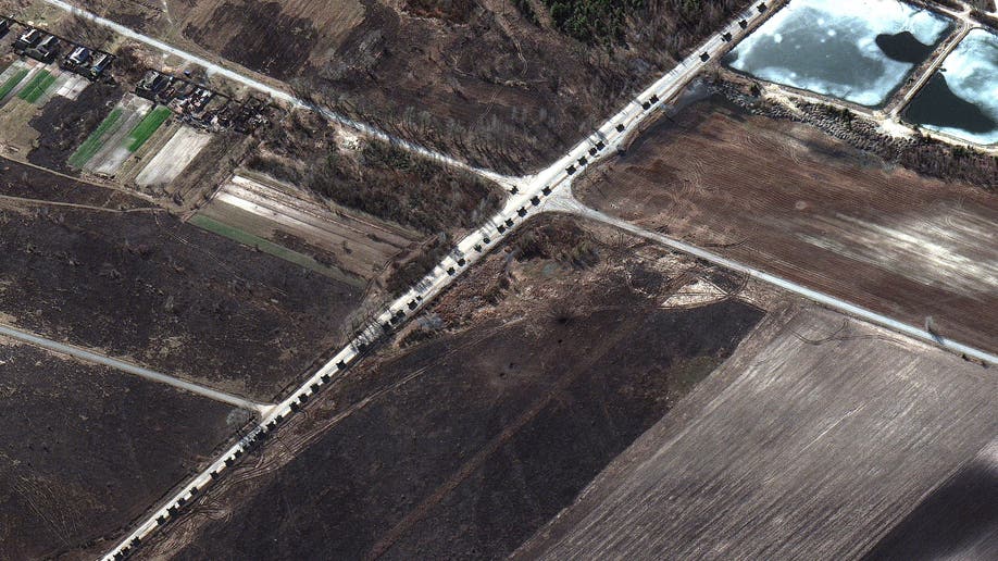 A satellite image shows a military convoy near Invankiv