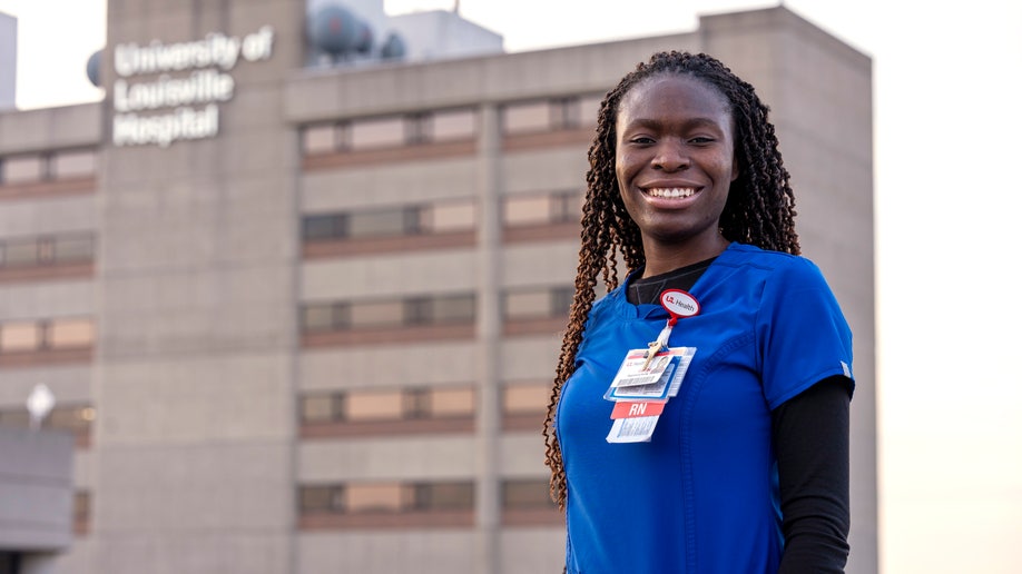 University of Louisville Hospital, Faith Akinmade, an ICU nurse at the University of Louisville Hospital in Louisville, Ky., who is originally from Nigeria