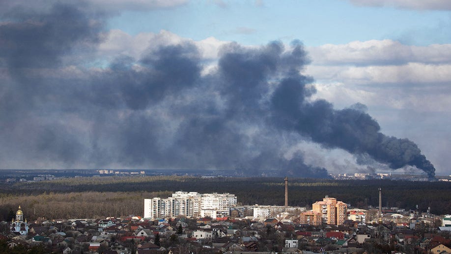 Smoke rising after shelling on the outskirts of the city is pictured from Kyiv, Ukraine February 27, 2022. REUTERS/Mykhailo Markiv