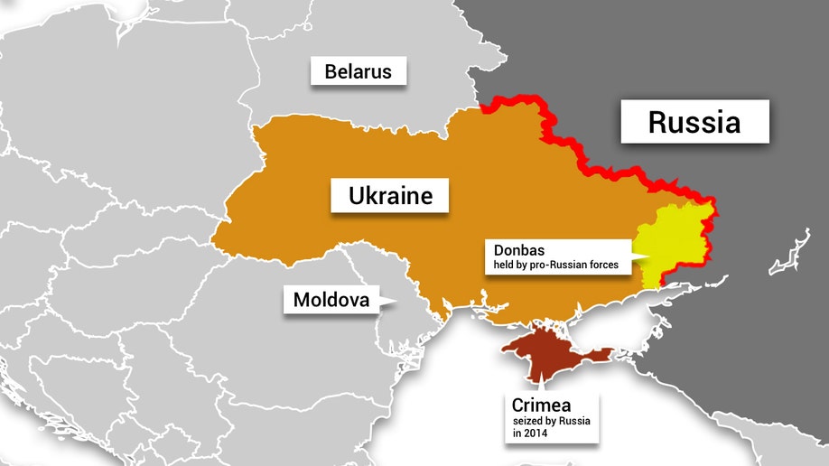 Map depicting Ukraine, Russia, Crimea, the Donbas region held by pro-Russian forces, and nearby countries. Ian Jopson, Fox Digital