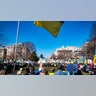 People participate in a pro-Ukrainian protest in Lafayette Park near the White House on February 27, 2022 in Washington, DC. Many U.S. cities have seen rallies in support of Ukraine over the weekend as the invasion by Russian forces continues. 