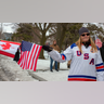 Protesters gather at the Buffalo Peace Bridge near the U.S and Canada border.