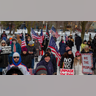 Protesters gather at the Buffalo Peace Bridge near the U.S and Canada border.
