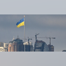 Ukraine's biggest national flag flies in Kyiv on February 26, 2022.