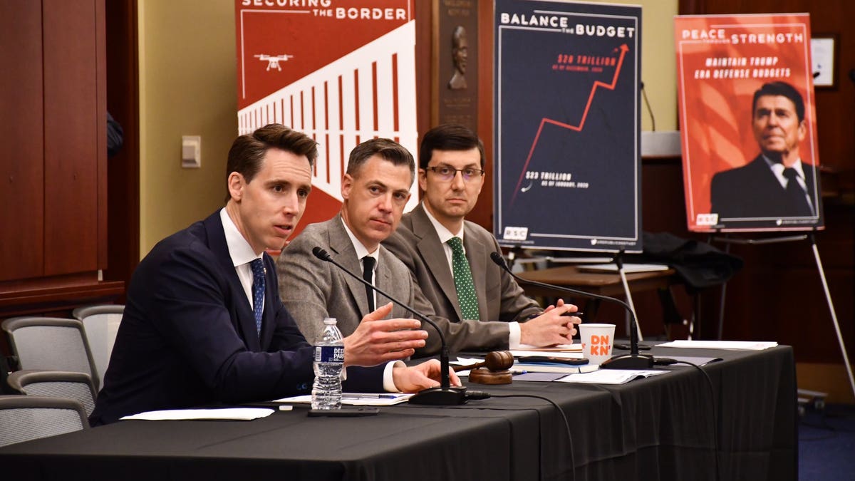 Sen. Josh Hawley, R-Mo., speaks to members of the Republican Study Committee (RSC) on Capitol Hill on March 30, 2022.