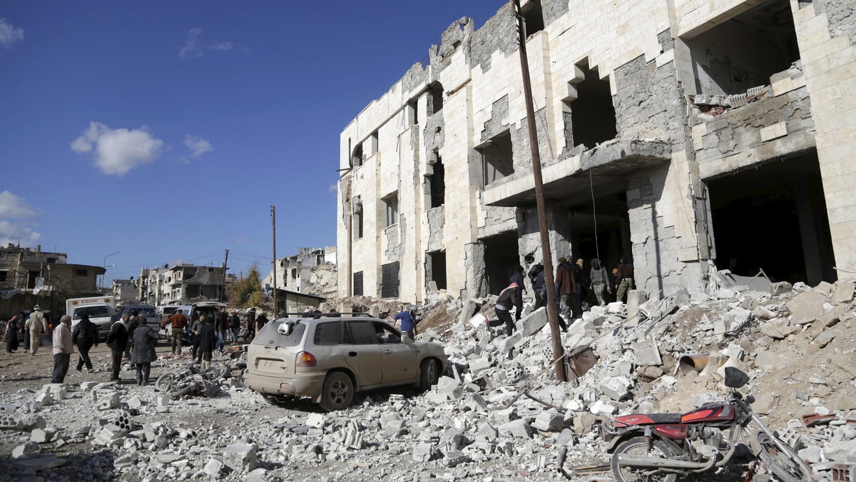 IDLIB PROVINCE, SYRIA – January 9, 2016: At least 70 people died in what activists said where four vacuum bombs dropped by the Russian air force in the town of Maaret al-Numan; other air strikes where also carried out in the towns of Saraqib, Khan Sheikhoun and Maar Dabseh, in Idlib. 