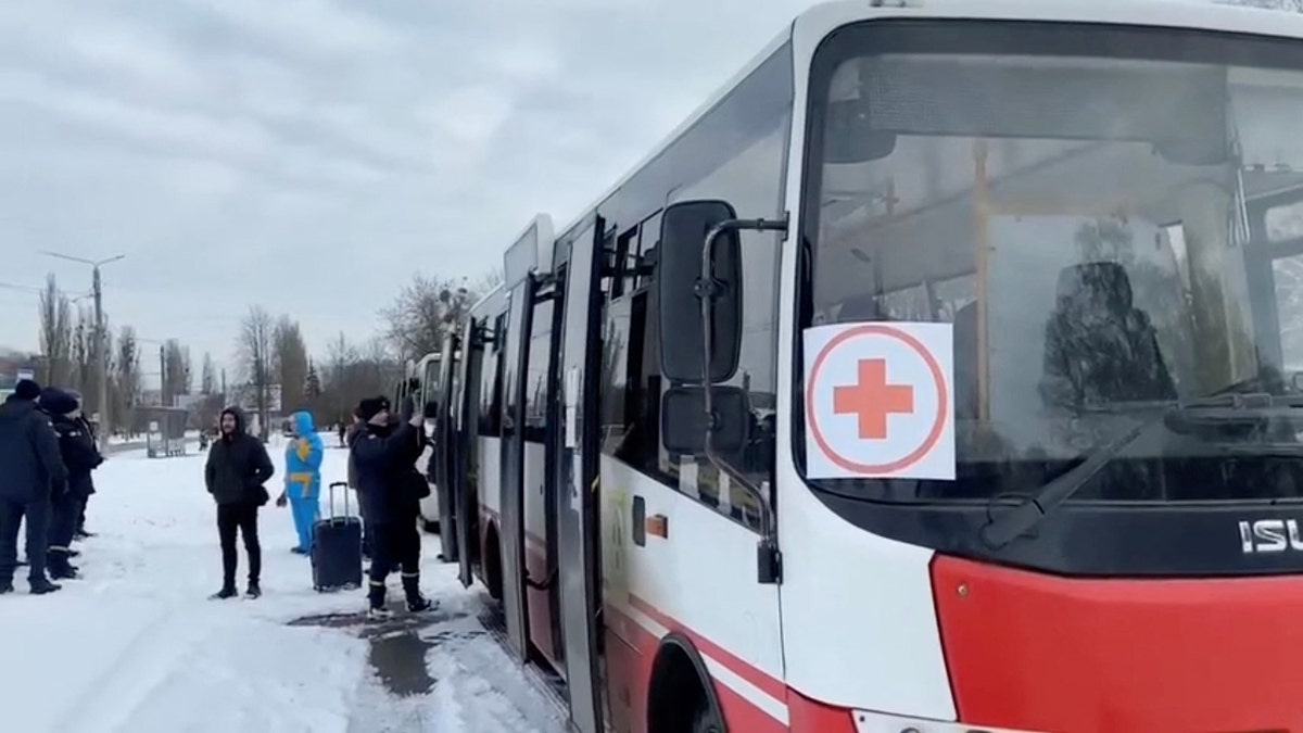 Buses wait during evacuations amid the Russian invasion of Ukraine, out of Sumy, March 8, 2022 in this still image obtained from handout video. Deputy Head for President's Office, Ukraine/Handout via REUTERS THIS IMAGE HAS BEEN SUPPLIED BY A THIRD PARTY. MANDATORY CREDIT. NO RESALES. NO ARCHIVES