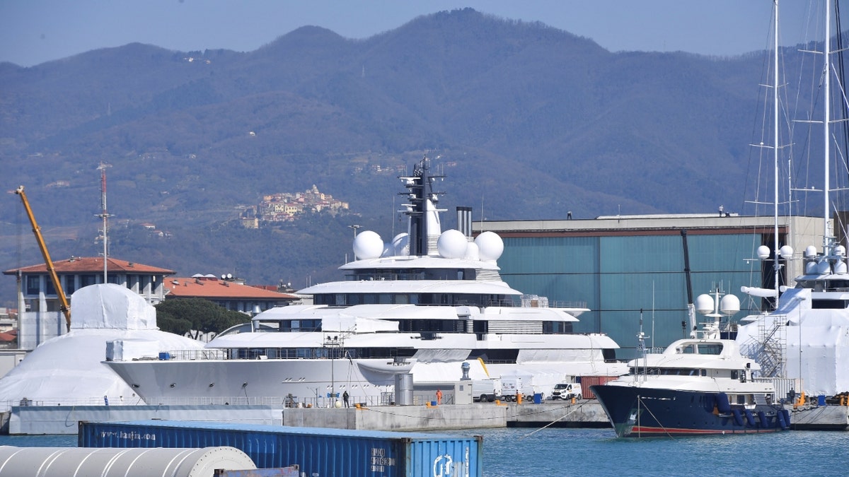 Scheherazade, one of the world's biggest and most expensive yachts allegedly linked to Russian billionaires, is moored in the harbour of the small Italian town of Marina di Carrara, Italy, March 23, 2022. Addressing the Italian parliament on March 22 Ukrainian President Volodymyr Zelenskiy urged Italian officials to seize the Scheherazade yacht as well as other assets allegedly linked to Russian oligarchs. REUTERS/Jennifer Lorenzini