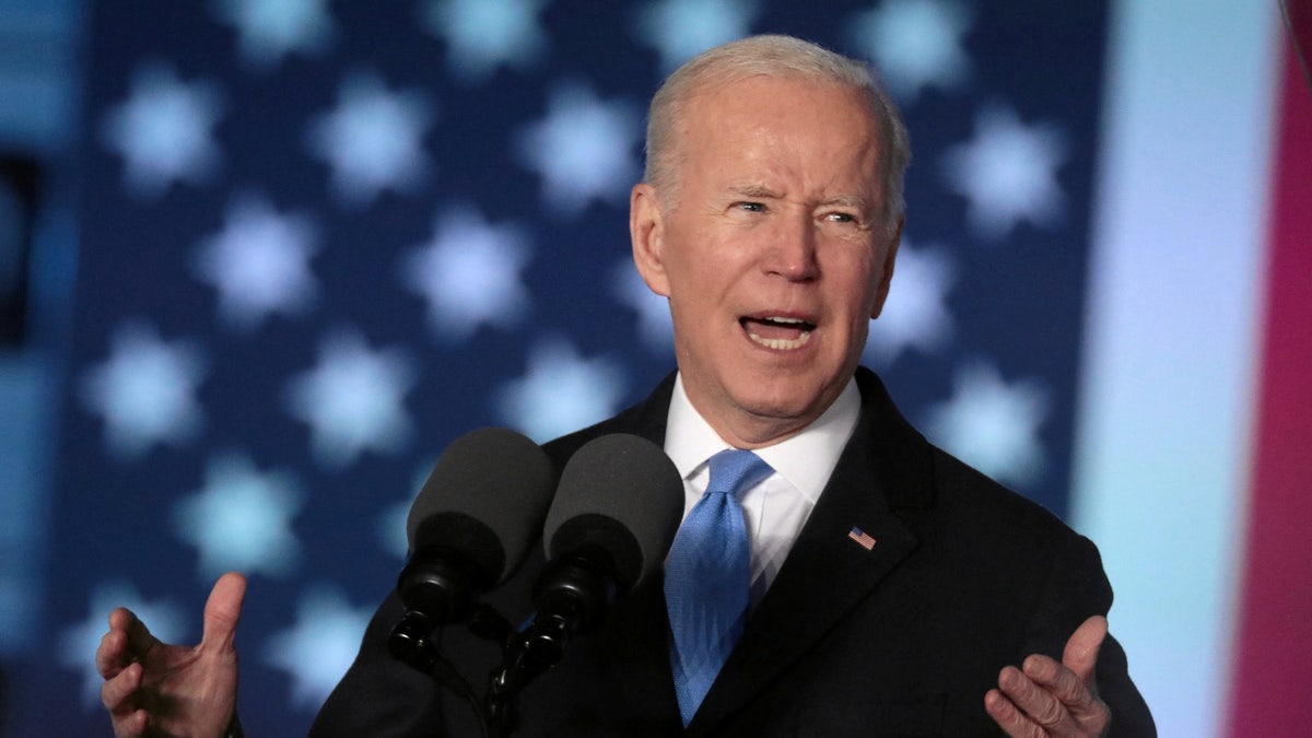 Joe Biden makes speech with flag in background