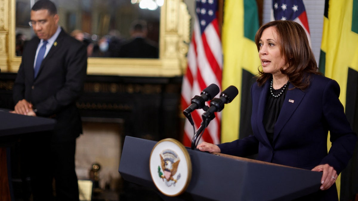 ‪U.S. Vice President Kamala Harris‬ and Jamaica's Prime Minister Andrew Holness speak to reporters after their meeting in Harris's offices on the White House campus in Washington, U.S. March 30, 2022.  REUTERS/Jonathan Ernst