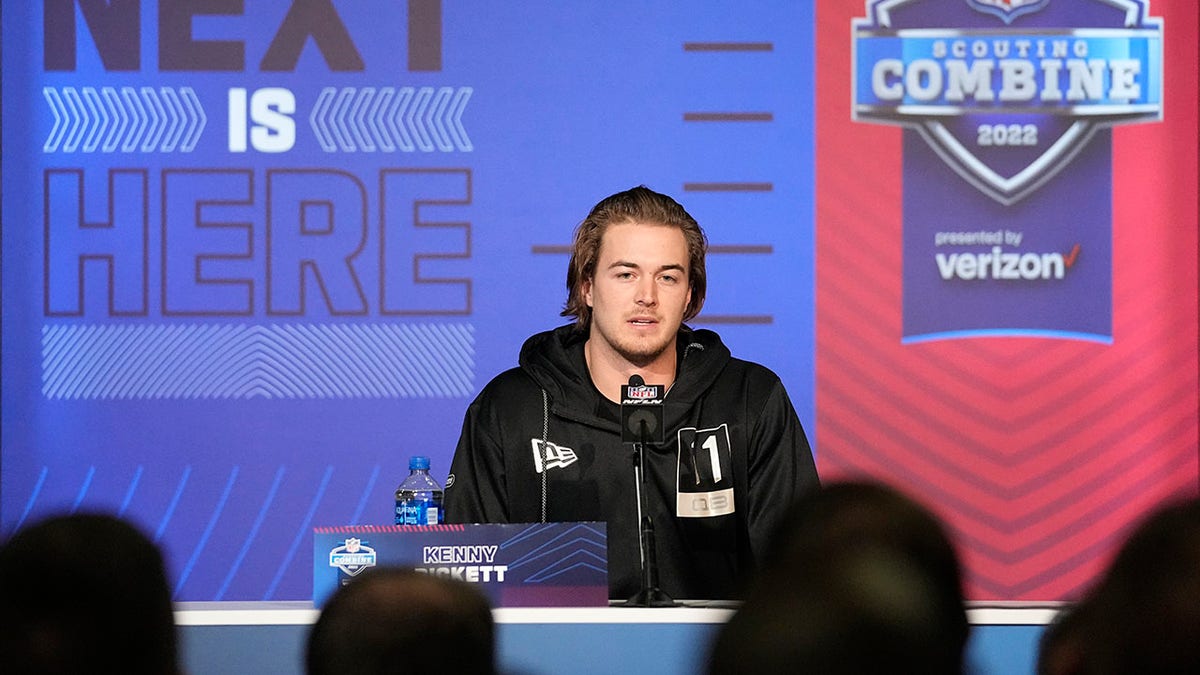 Pittsburgh quarterback Kenny Pickett speaks during a press conference at the NFL football scouting combine, Wednesday, March 2, 2022, in Indianapolis.