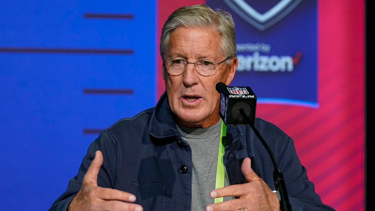 Seattle Seahawks head coach Pete Carroll speaks during a press conference at the NFL football scouting combine in Indianapolis, Wednesday, March 2, 2022.
