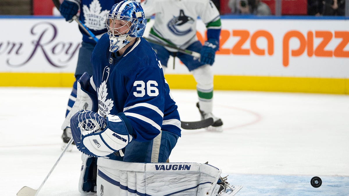 Toronto Maple Leafs goaltender Jack Campbell (36) reacts after giving up a goal to the Vancouver Canucks during the first period of an NHL hockey game Saturday, March 5, 2022, in Toronto.